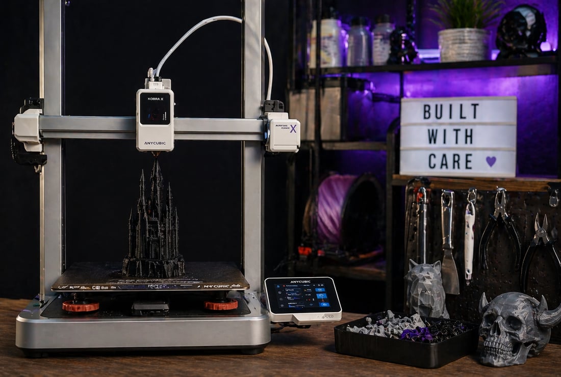 3D printer, finishing tools, and printed pieces arranged around a Built With Care sign.