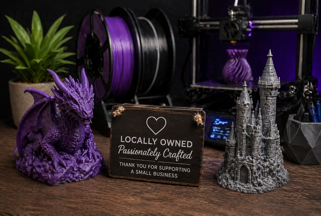 Purple dragon and gray castle prints arranged beside a locally owned small-business sign.