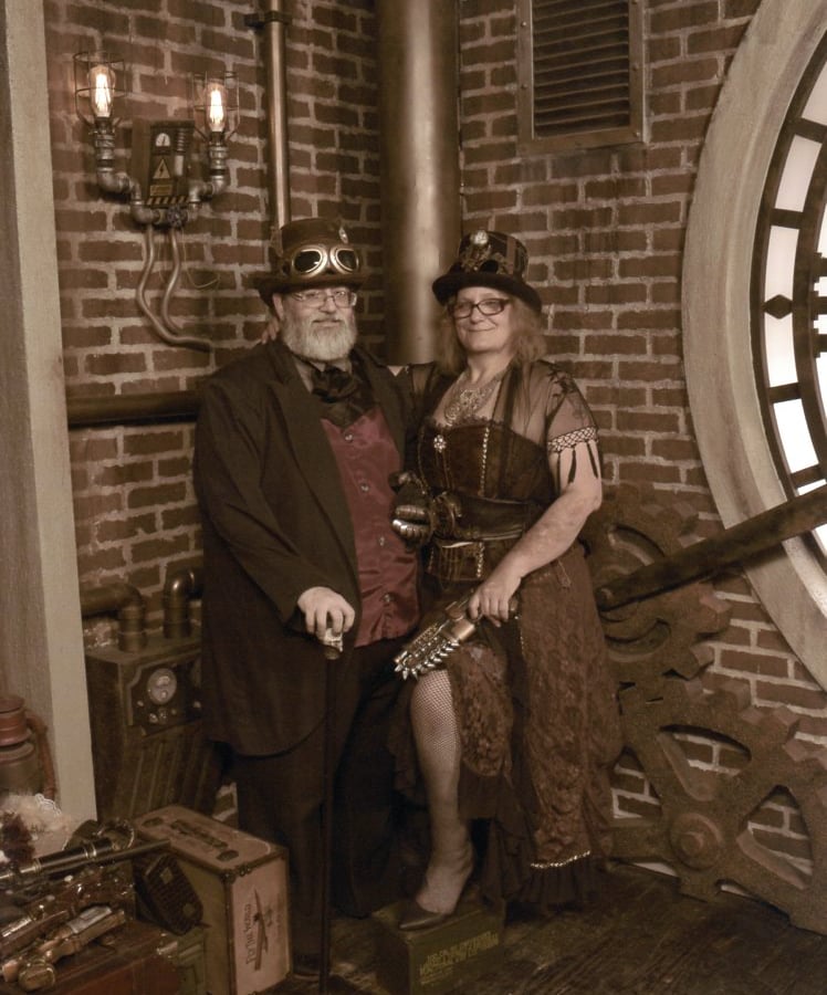 Michelle and Maurice together in steampunk attire.