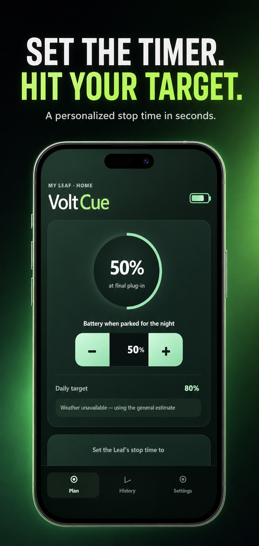 VoltCue timer-planning interface shown on a phone.