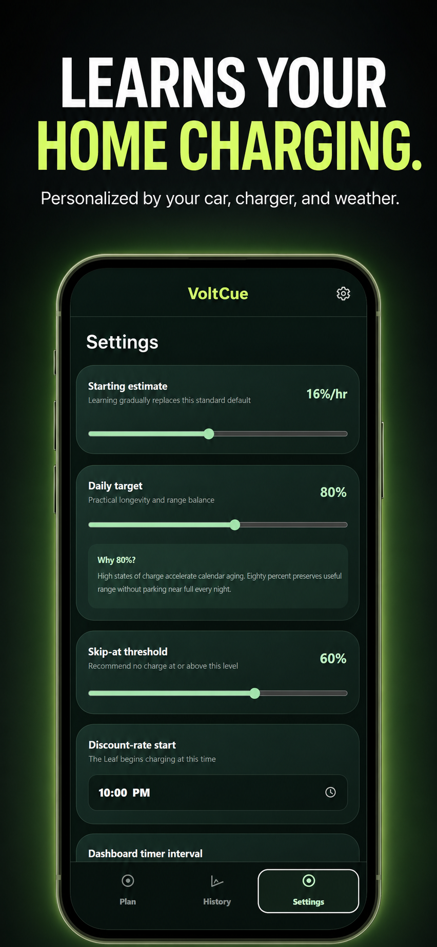 VoltCue learning and charging-history interface.